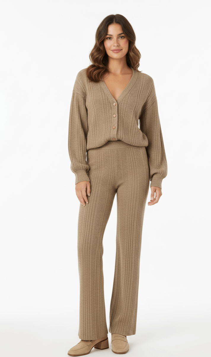 V-neck cardigan and matching wide-leg trousers co-ord set, front view