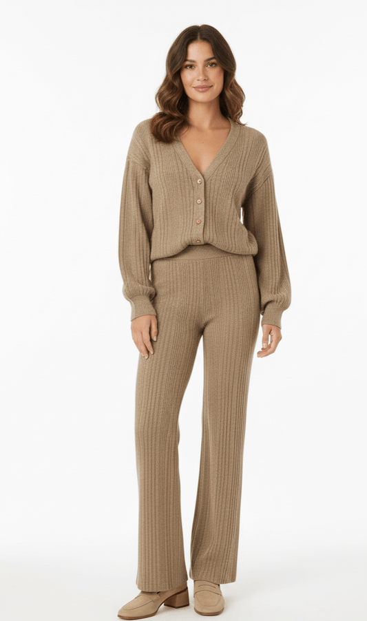 V-neck cardigan and matching wide-leg trousers co-ord set, front view