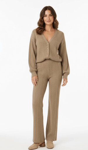 V-neck cardigan and matching wide-leg trousers co-ord set, front view