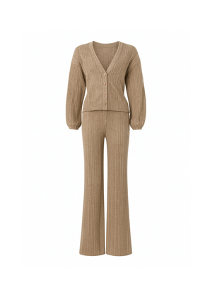 V-neck cardigan and matching wide-leg trousers co-ord set, front general view
