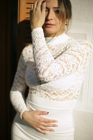 High Neck White Lace Cocktail Dress With Long Sleeves