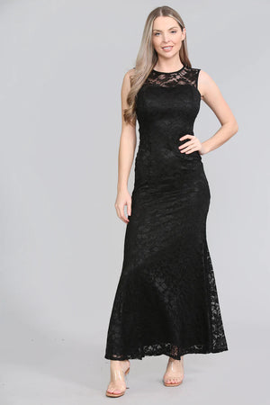 WOMENS SHINY SCOOP NECK LACE FLOOR LENGTH EVENING DRESS