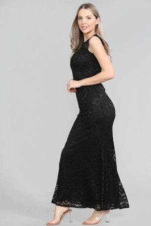 WOMENS SHINY SCOOP NECK LACE FLOOR LENGTH EVENING DRESS