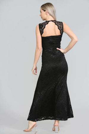 WOMENS SHINY SCOOP NECK LACE FLOOR LENGTH EVENING DRESS