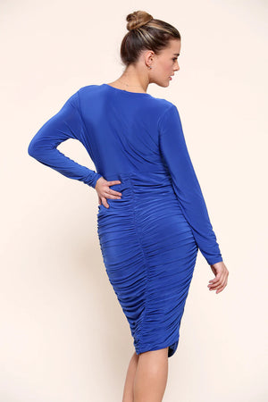 BLUE LONG SLEEVE V NECKLINE RUCHED SIDE MIDI DRESS